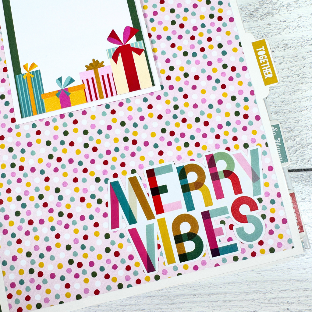 Christmas 25 Scrapbook Mini Album Page with wrapped presents and lots of colorful polka dots