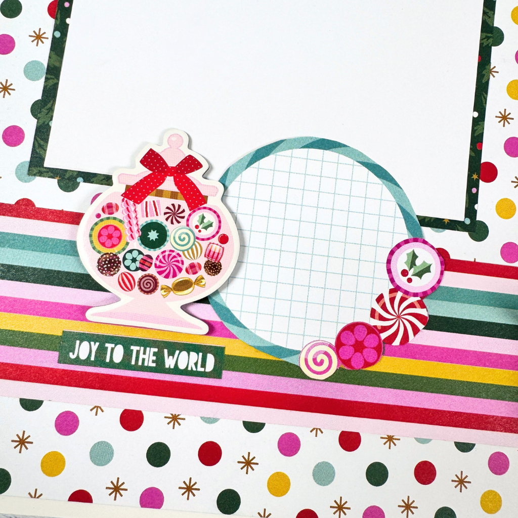 Christmas 25 Scrapbook Mini Album Page with a cute jar of candy, colorful polka dots, and stars