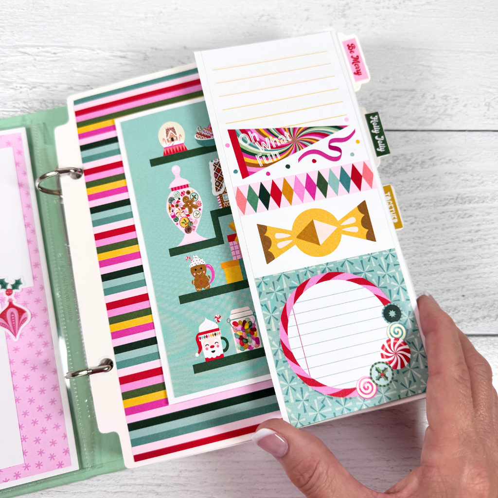 Christmas 25 Scrapbook Mini Album Page with jars of candy, a folding element, and colorful stripes