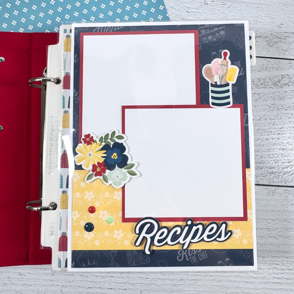 Recipe Scrapbook Album Page with kitchen utensils, flowers, enamel dots, and a photo mat