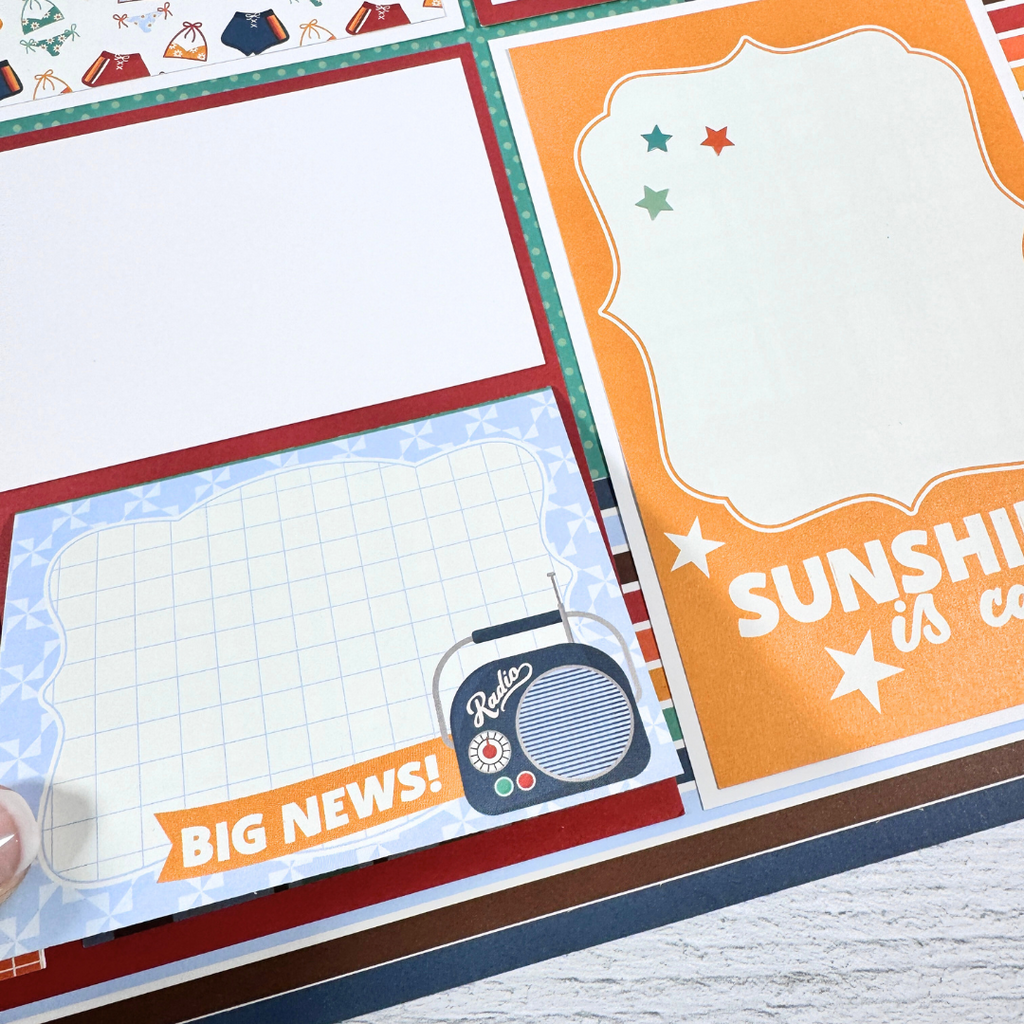 12x12 Summer Break Page Layouts with a folding card, colorful swimsuits, a radio, and stars