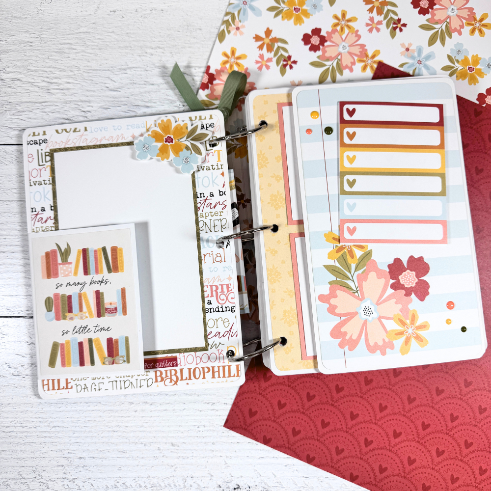 Book Reading Journal Scrapbook Album Pages with flowers, books, and journaling spots