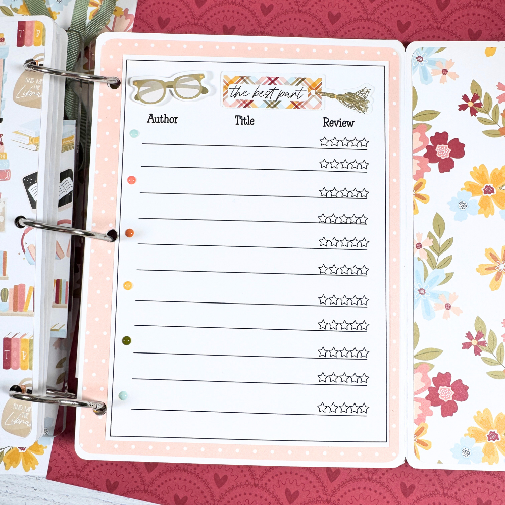 Book Reading Journal Scrapbook Album Page with a journaling card to document authors, titles, and star ratings