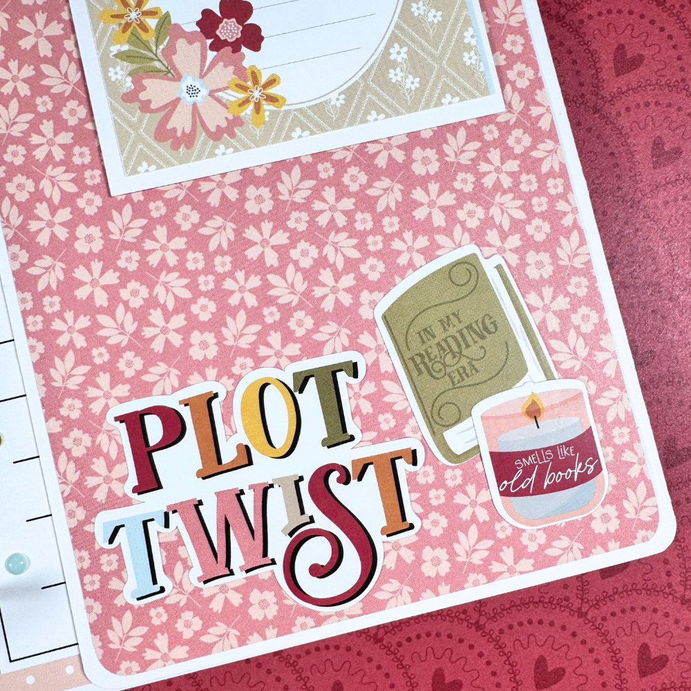 Book Reading Journal Scrapbook Album Page with flowers, books, a candle, and a journaling card