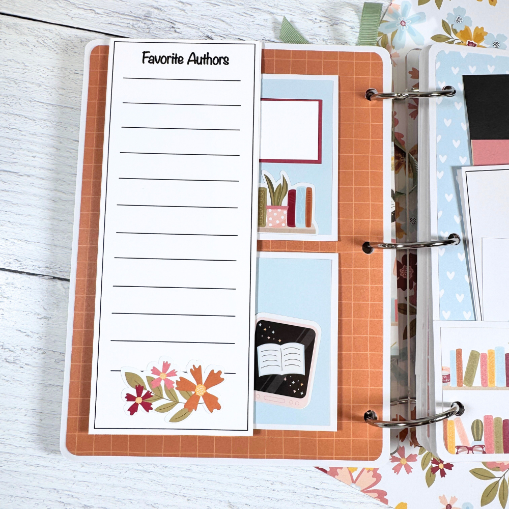 Book Reading Journal Scrapbook Album Page with a fold-out element, flowers, books, and a journaling card