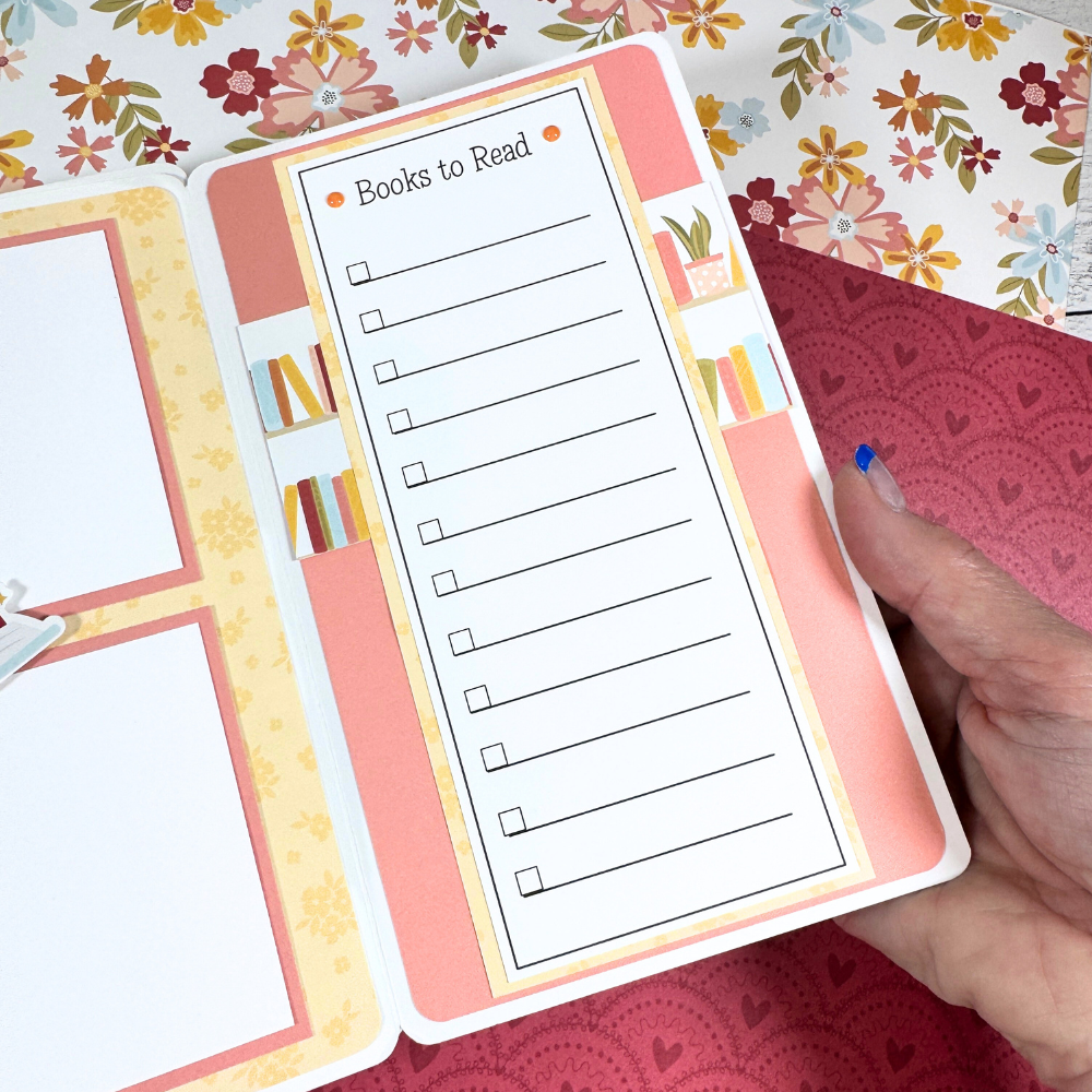 Book Reading Journal Scrapbook Album Page with a fold-out element, books, and a journaling card