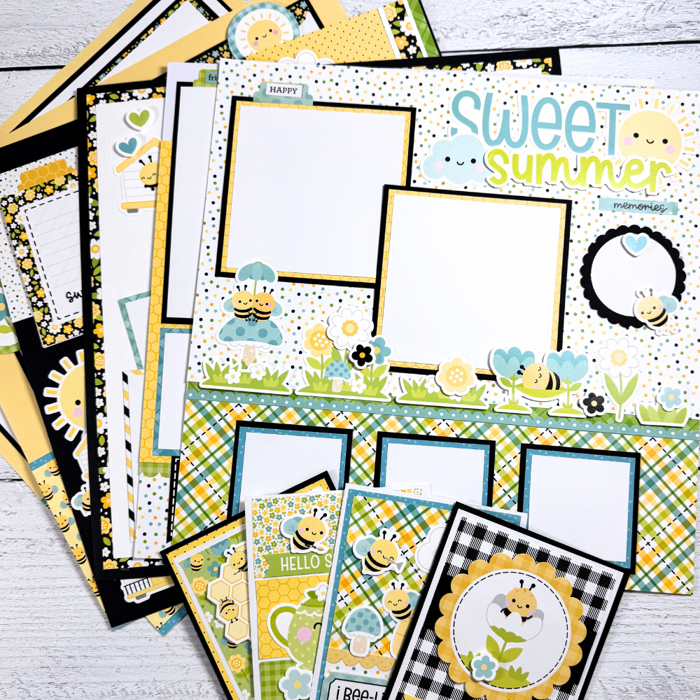 12x12 Sweet Summer Bee Happy Scrapbook Page Layouts and cards with flowers, bees, polka dots, and a pretty plaid