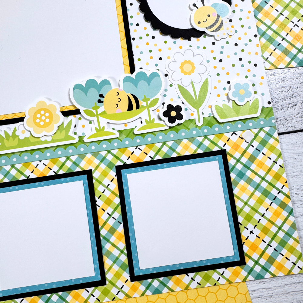 12x12 Sweet Summer Bee Happy Scrapbook Page Layout with flowers, bees, a scalloped border, polka dots, and a pretty plaid