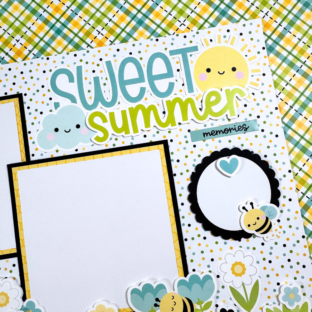 12x12 Sweet Summer Bee Happy Scrapbook Page Layout with a sun, clouds, flowers, bees, and cute polka dots