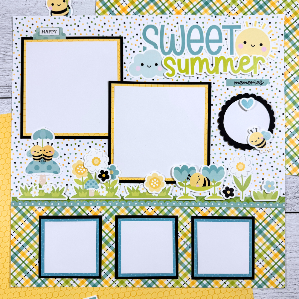 12x12 Sweet Summer Bee Happy Scrapbook Page Layout with flowers, bees, mushrooms, polka dots, and a pretty plaid