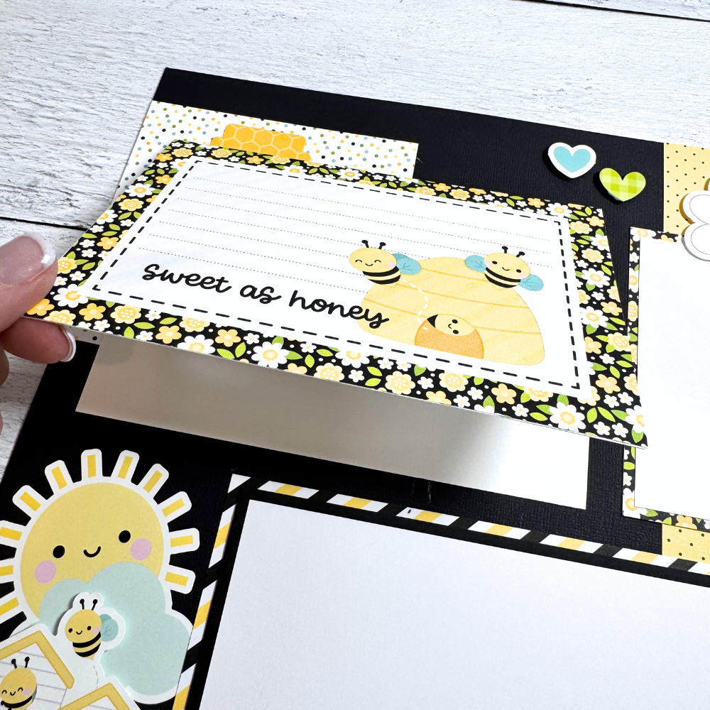 12x12 Sweet Summer Bee Happy Scrapbook Page Layout with a flip-up card, bees, a beehive, polka dots, a sun, and a heart