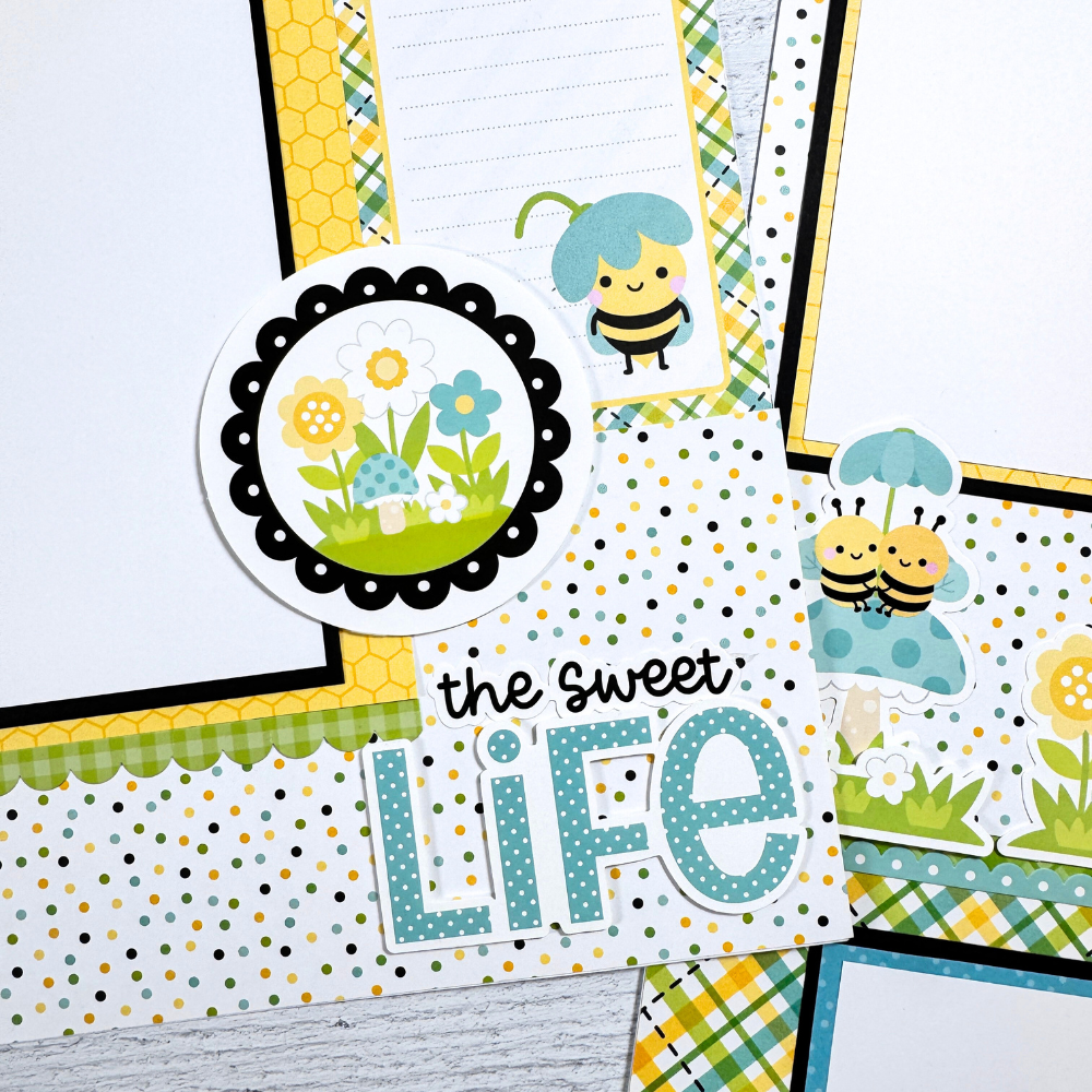 12x12 Sweet Summer Bee Happy Scrapbook Page Layouts with flowers, cute bees, mushrooms, polka dots, and a pretty plaid journaling card