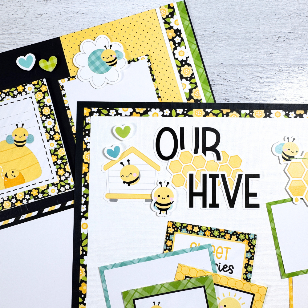 12x12 Sweet Summer Bee Happy Scrapbook Page Layouts with flowers, bees, beehives, polka dots, and journaling cards