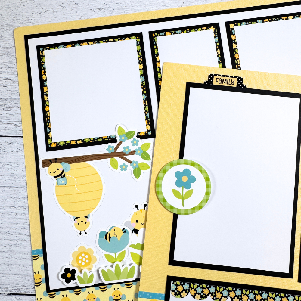 12x12 Sweet Summer Bee Happy Scrapbook Page Layouts with flowers, bees, and a tree branch with a beehive