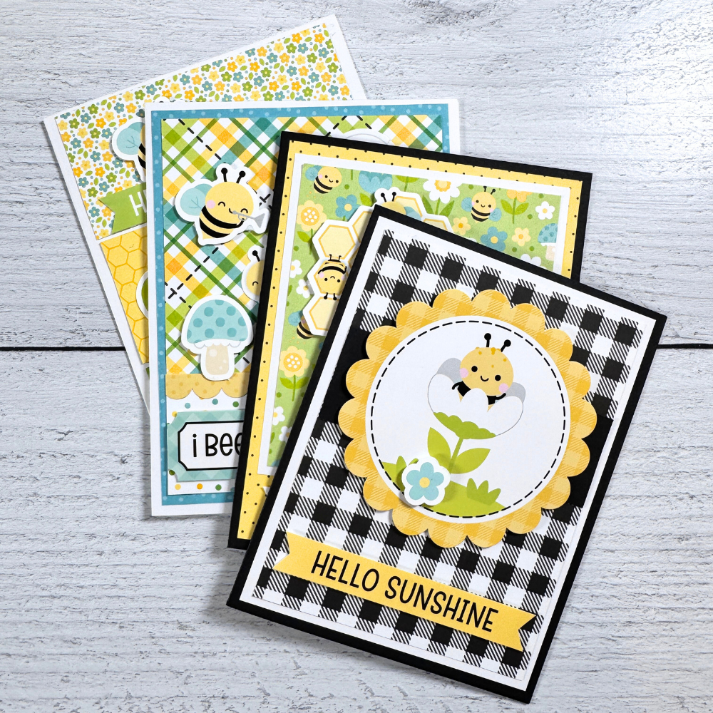 Sweet Summer Bee Happy Scrapbook Cards with flowers, bees, polka dots, and a pretty plaid