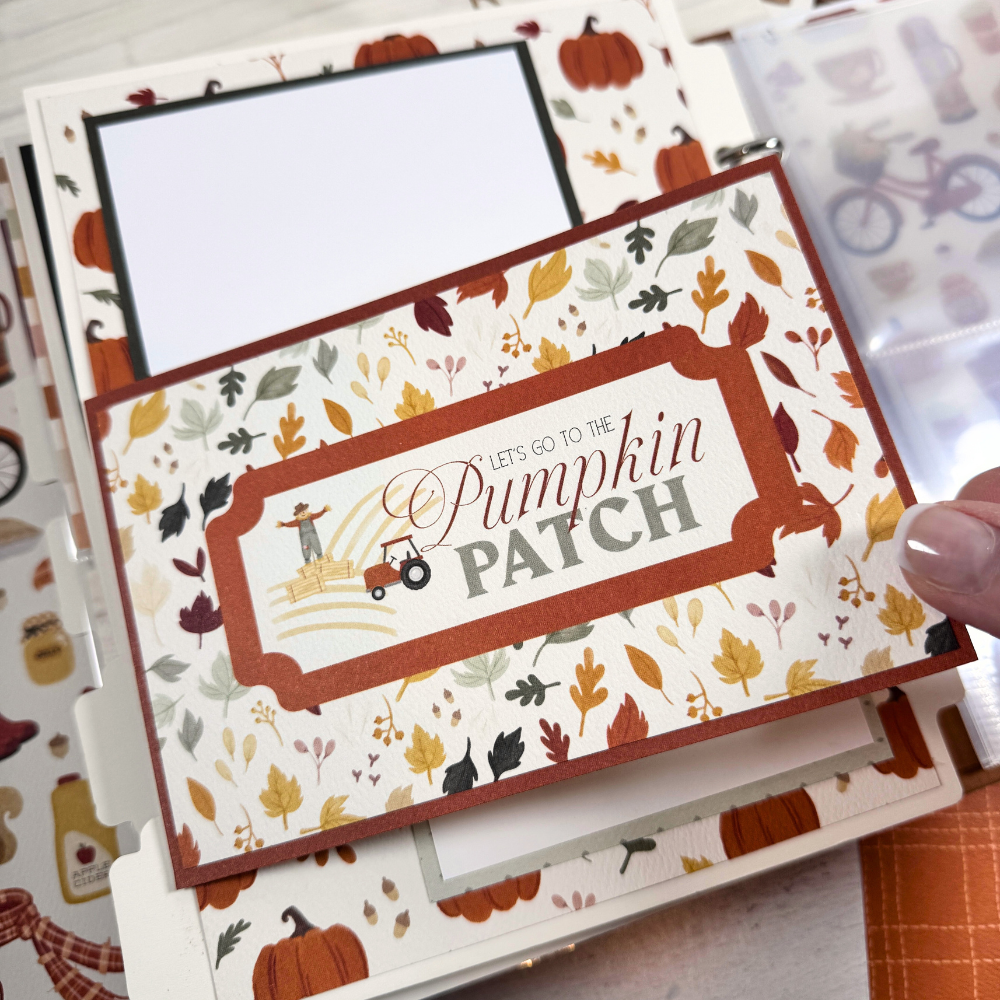 Gather Together Fall Scrapbook Album Page with colorful leaves, pumpkins, and a folding element