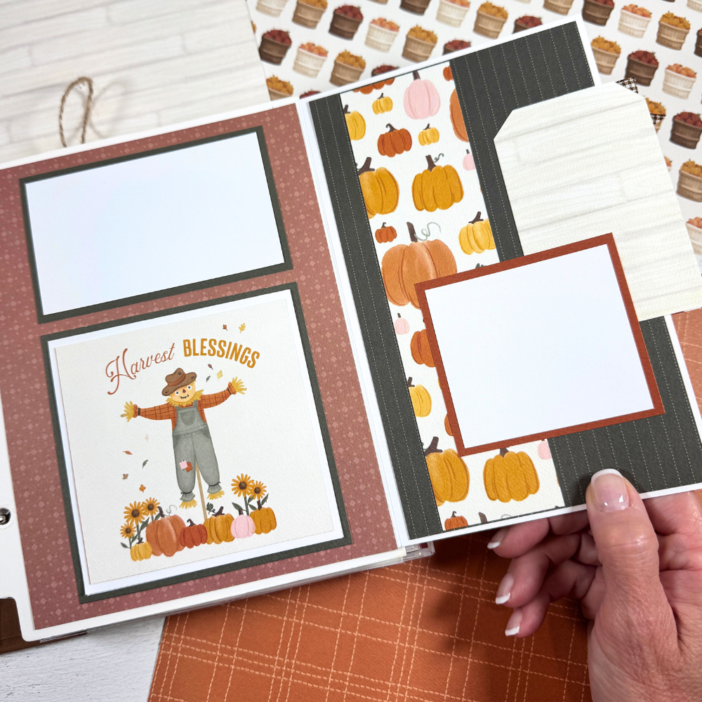 Gather Together Fall Scrapbook Album Page with a fold-out element, pumpkins, a scarecrow, and autumn colors
