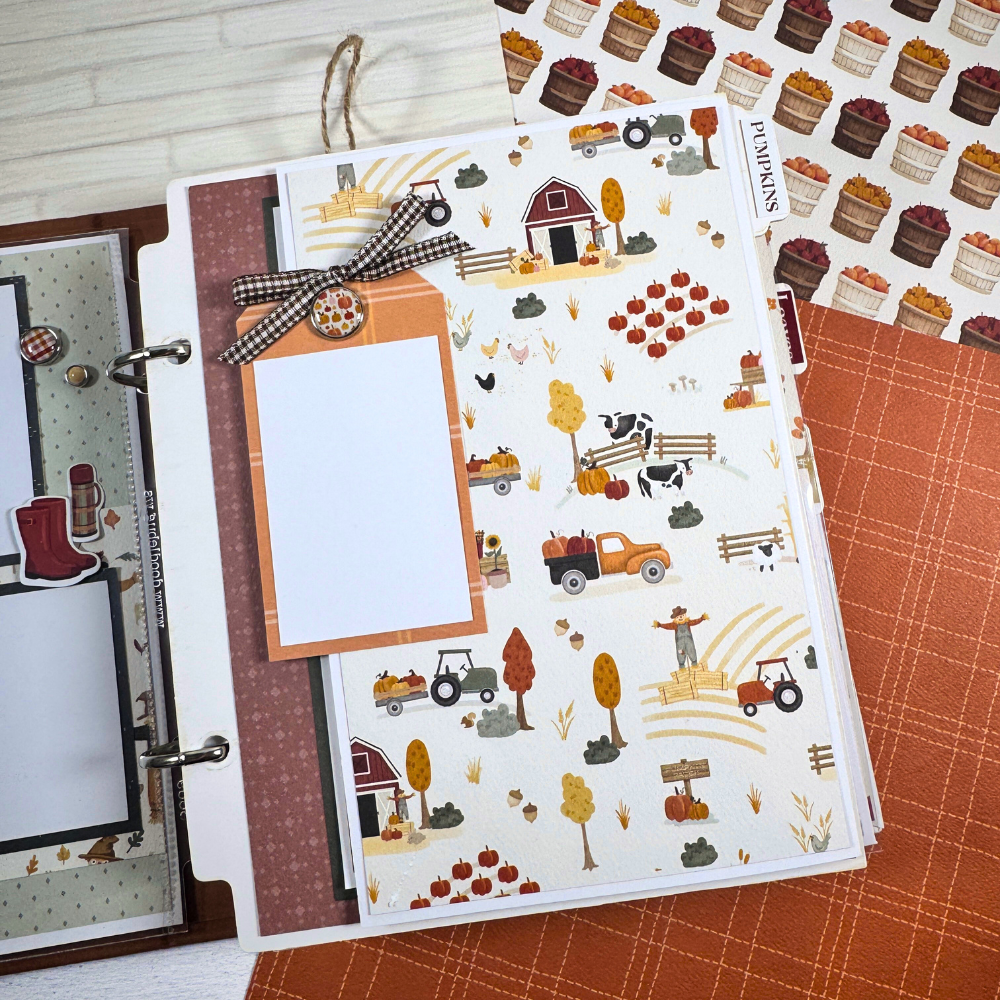 Gather Together Fall Scrapbook Album Page with cute little farm scenes, autumn colors, an enamel brad, and a tag with ribbon