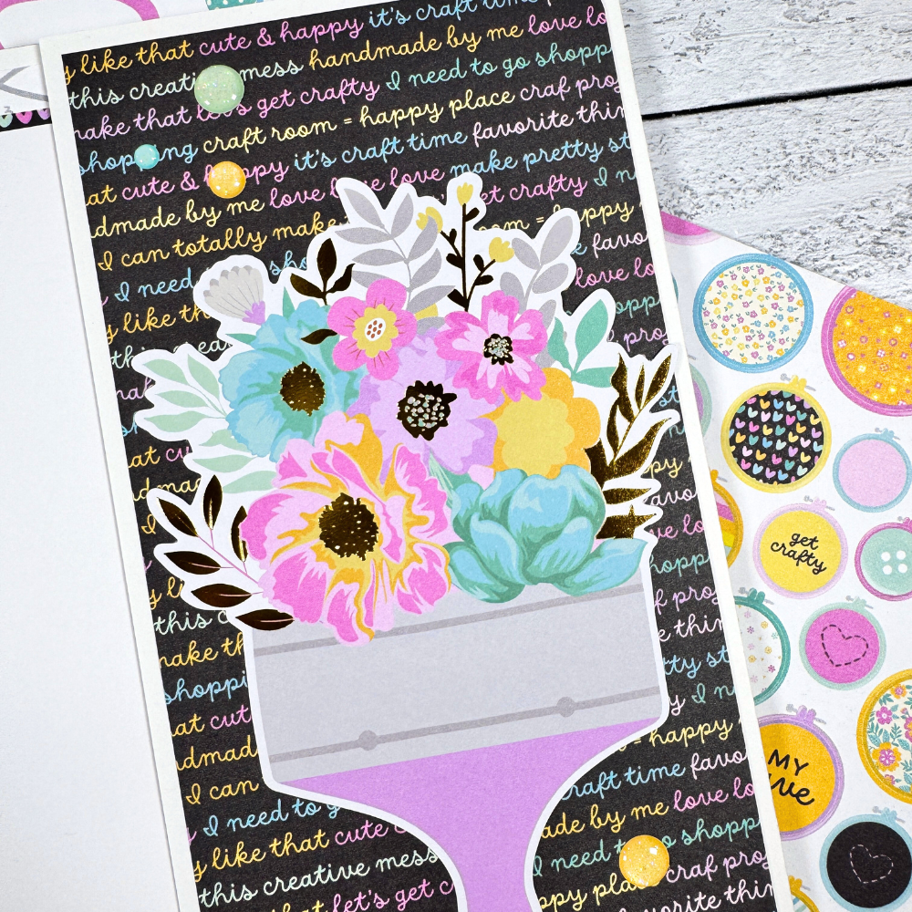 Crafty Fun Things Scrapbook Album Page with a paint brush, flowers, enamel dots, and pastel colors