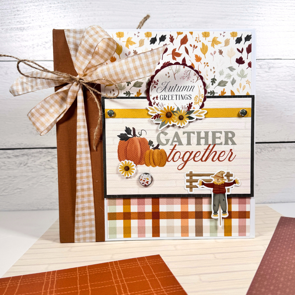 Gather Together Fall Scrapbook Album with autumn colors, leaves, flowers, pumpkins, and scarecrows