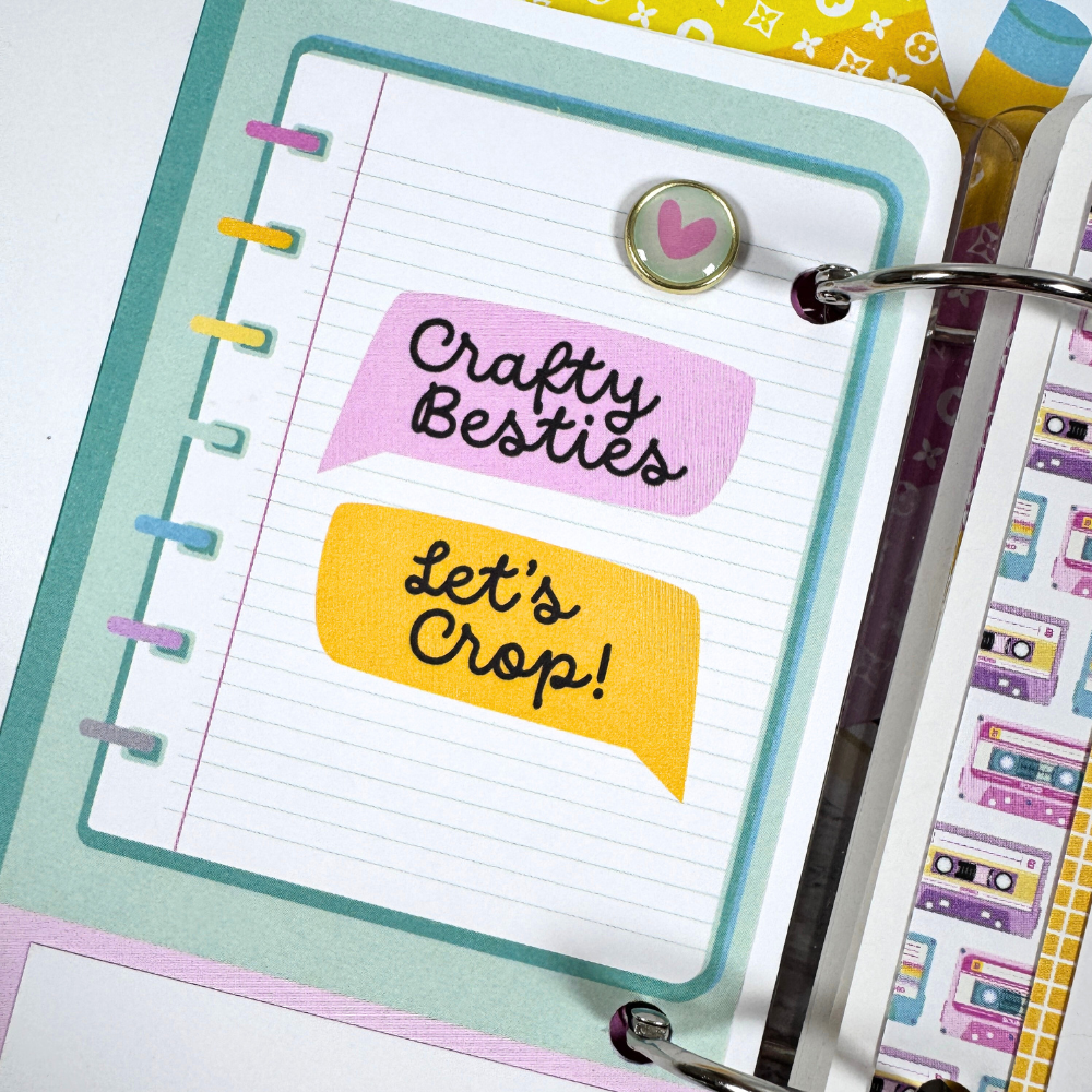 Crafty Fun Things Scrapbook Album Page with an enamel brad, a heart, a journaling spot, and colorful cassette tapes
