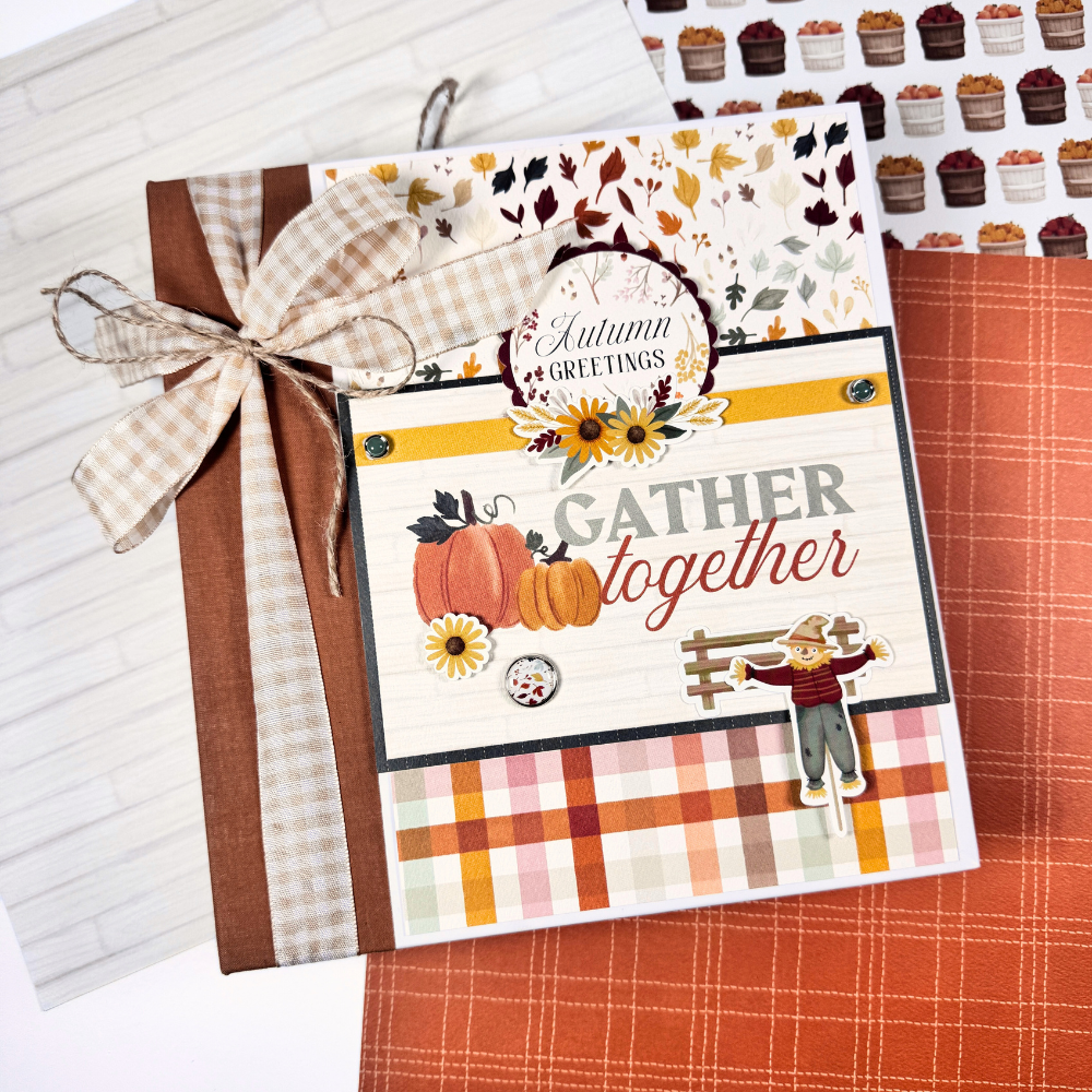 Gather Together Fall Scrapbook Album with autumn colors, leaves, flowers, pumpkins, and scarecrows