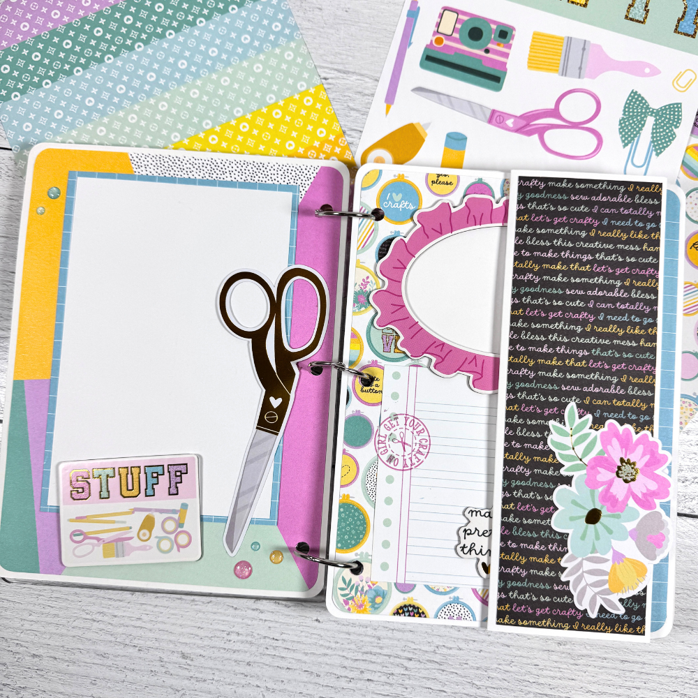 Crafty Fun Things Scrapbook Album Page with pastel colors, scissors, flowers, and a fold-out element