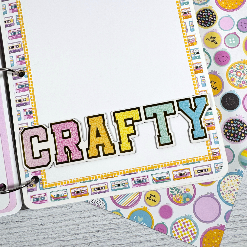 Crafty Fun Things Scrapbook Album Page with colorful cassette tapes and a photo mat