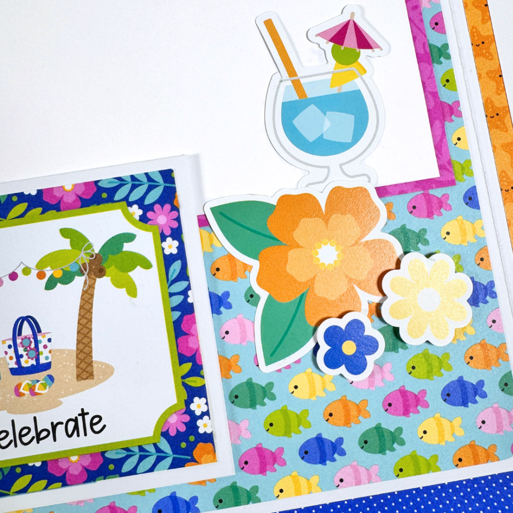 Adventure Awaits Summer Fun Scrapbook Album Page with flowers, colorful fish, a cocktail, and a flip-up card