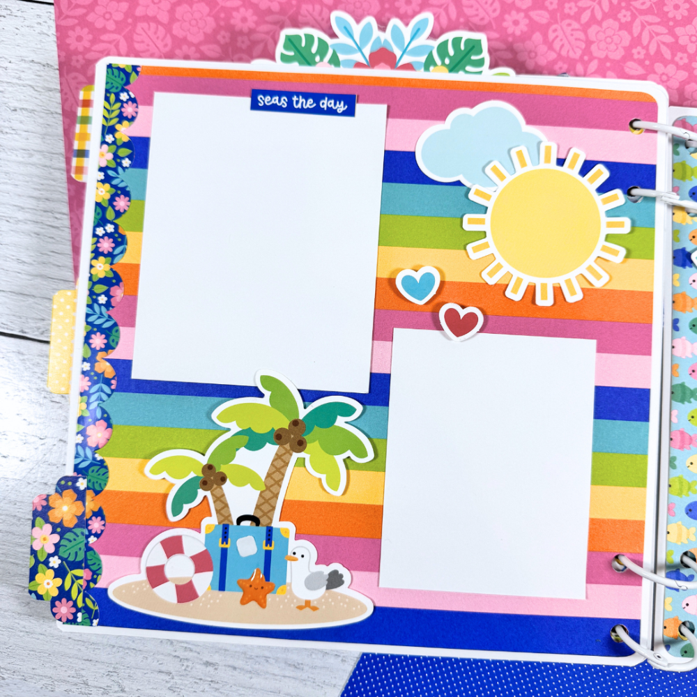 Adventure Awaits Summer Fun Scrapbook Album Page with flowers, rainbow stripes, a palm tree, and a sun