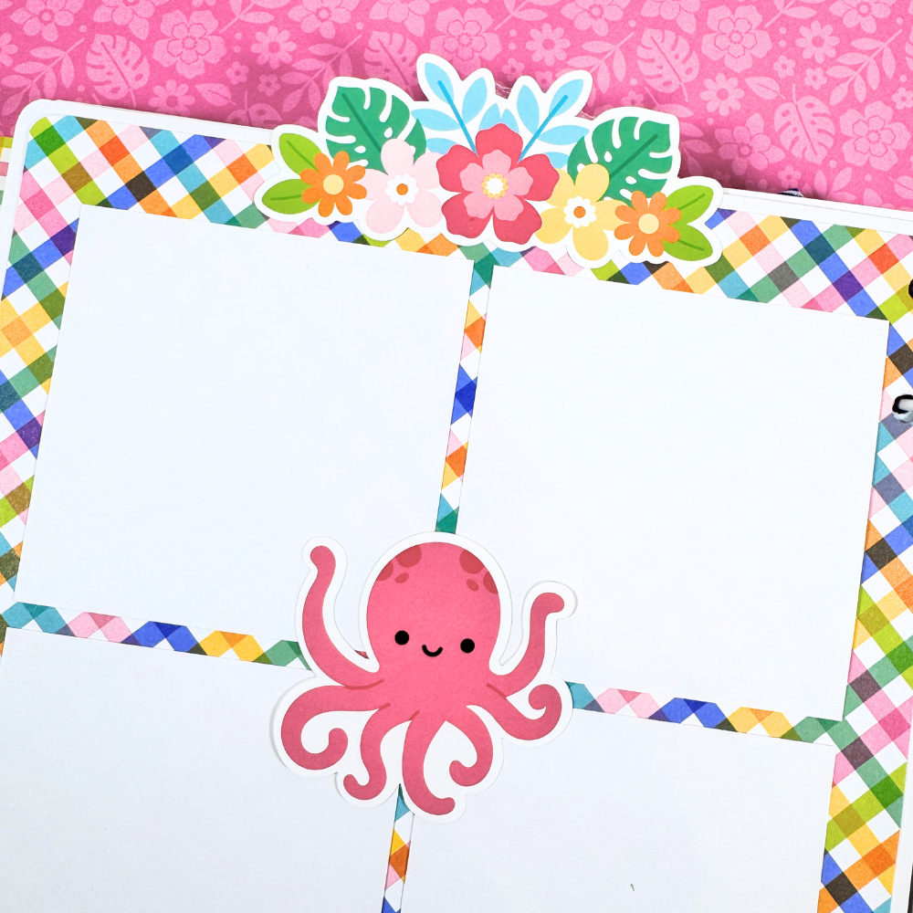 Adventure Awaits Summer Fun Scrapbook Album Page with flowers, a cute octopus, and a colorful plaid
