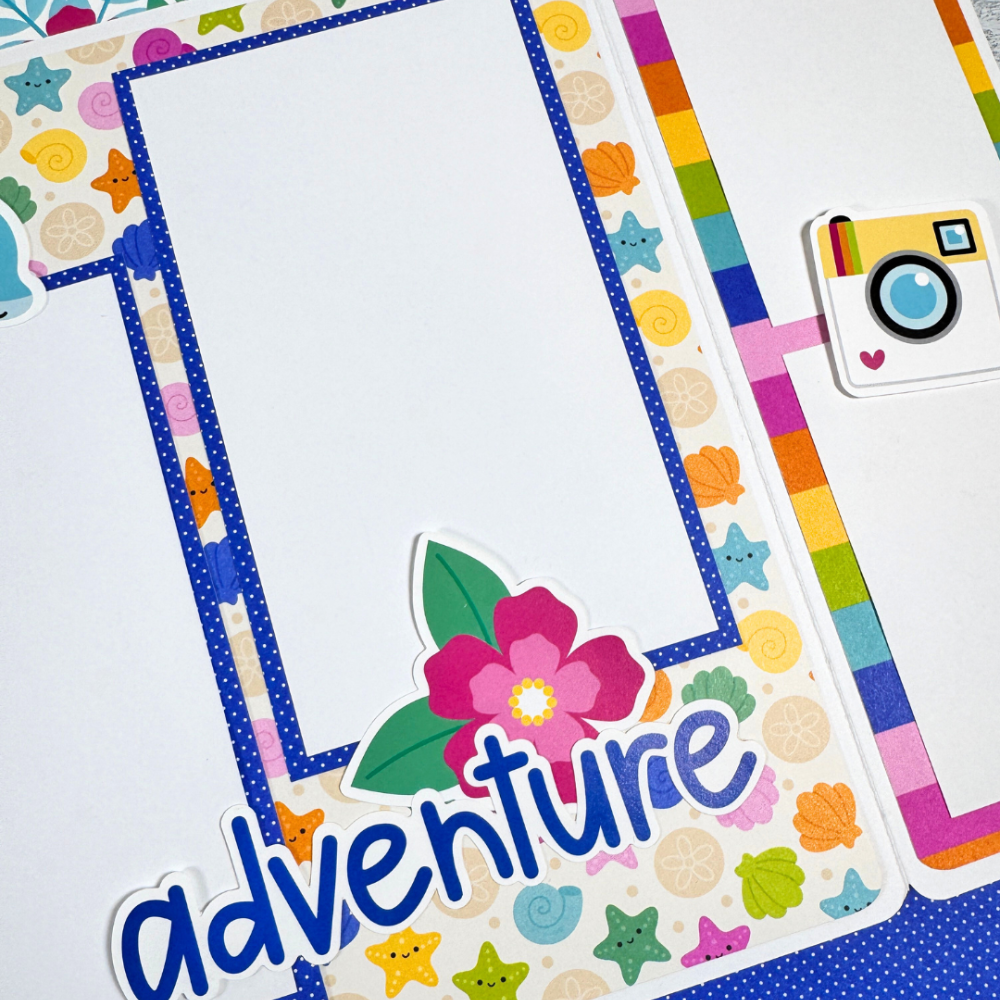 Adventure Awaits Summer Fun Scrapbook Album Page with colorful seashells, flowers, and a camera