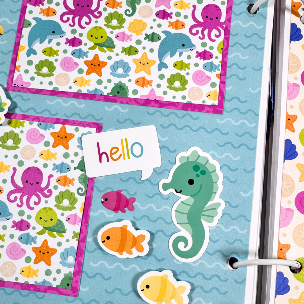 Adventure Awaits Summer Fun Scrapbook Album Page with seashells, fish, a seahorse, and waves