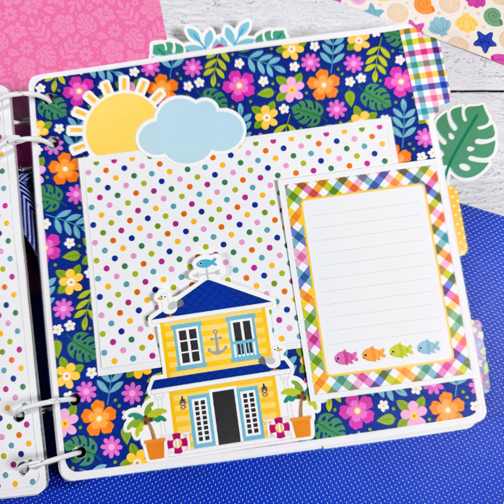 Adventure Awaits Summer Fun Scrapbook Album Page with flowers, a sun, a beach house, and colorful polka dots