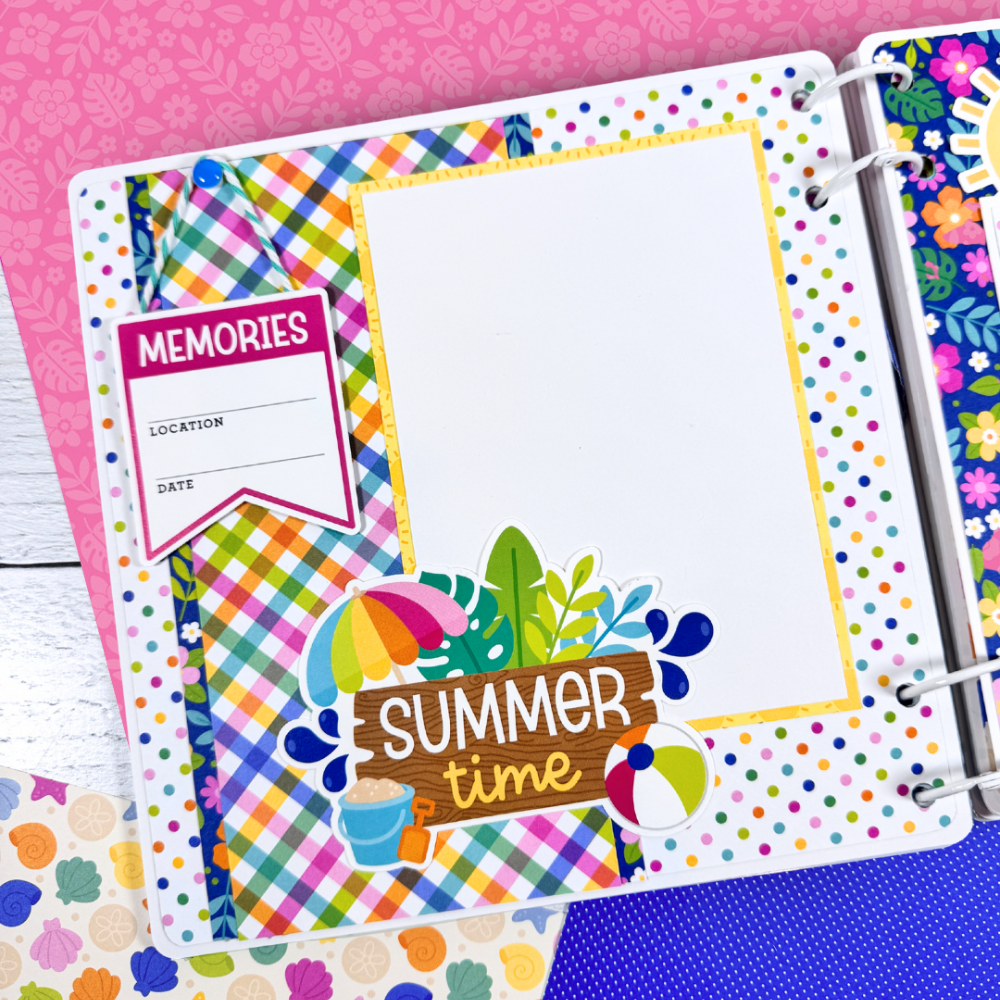Adventure Awaits Summer Fun Scrapbook Album Page with colorful polka dots, a plaid, a beach umbrella, ball, and sand bucket