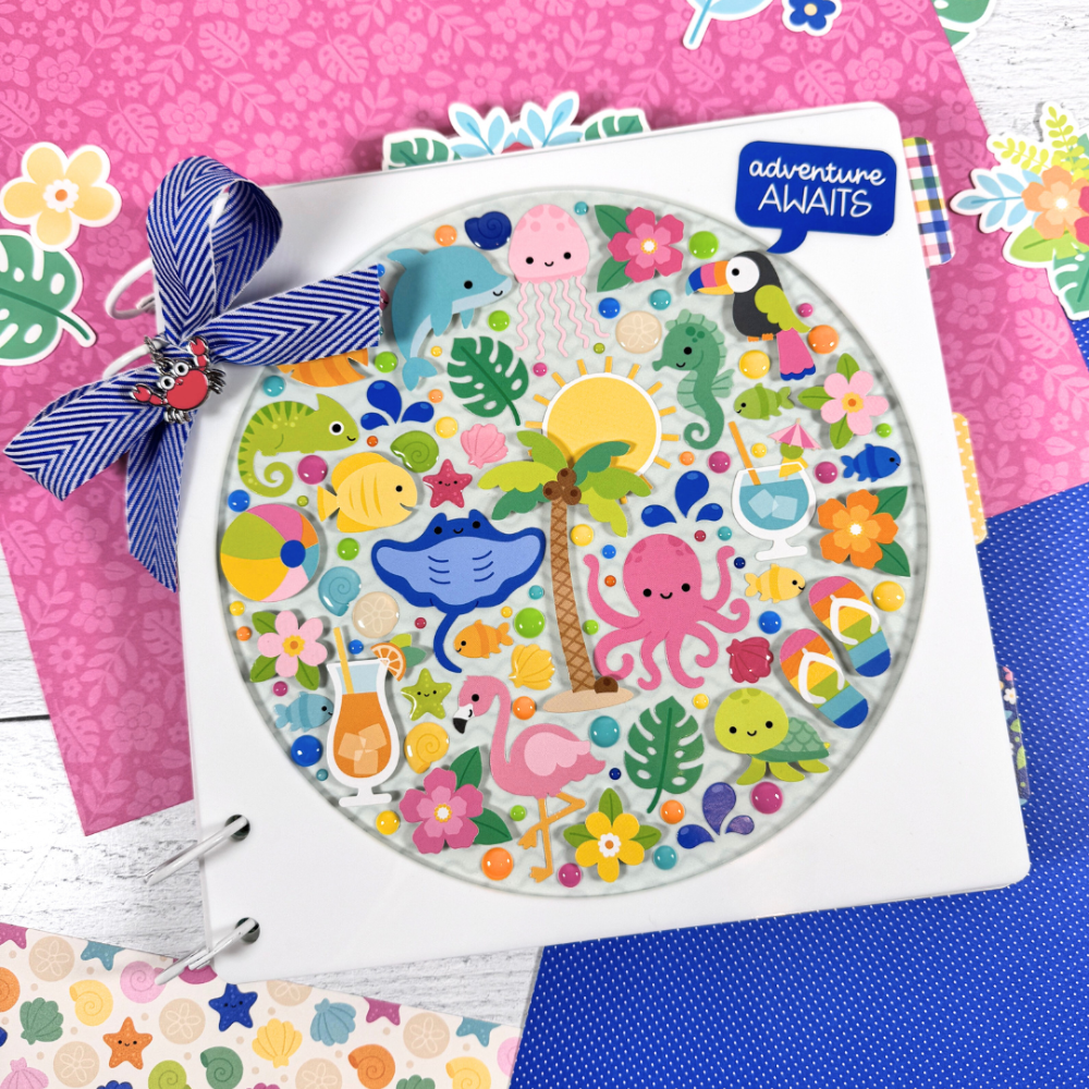 Adventure Awaits Summer Fun Mini Album with seashells, beach items, flowers, sand castles, and cute sea creatures