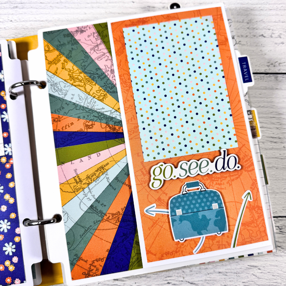 Travel Vibes Scrapbook Mini Album page with a fold-out, a colorful map, and luggage
