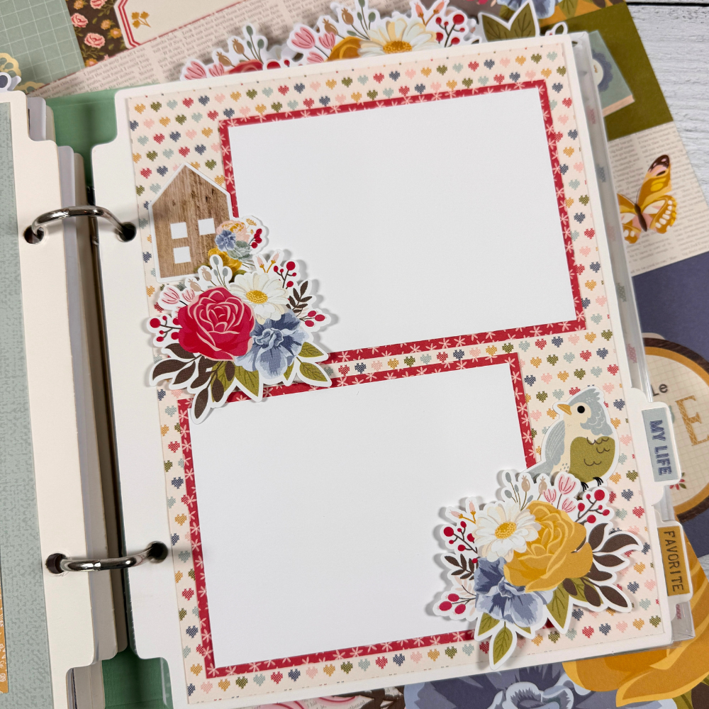 Memories Scrapbook Mini Album Page with colorful hearts, flowers, and a little house