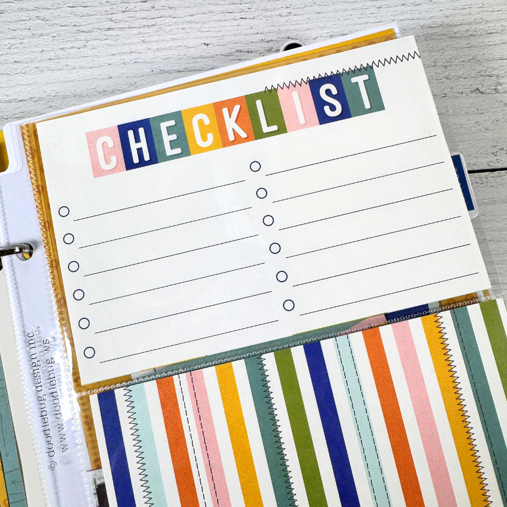 Travel Vibes Scrapbook Mini Album page with colorful stripes and a journaling card checklist
