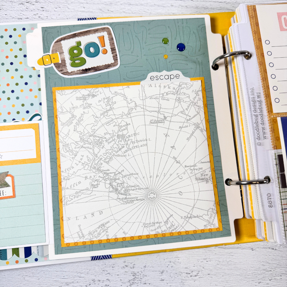 Travel Vibes Scrapbook Mini Album page with a map, luggage tag, and polka dots