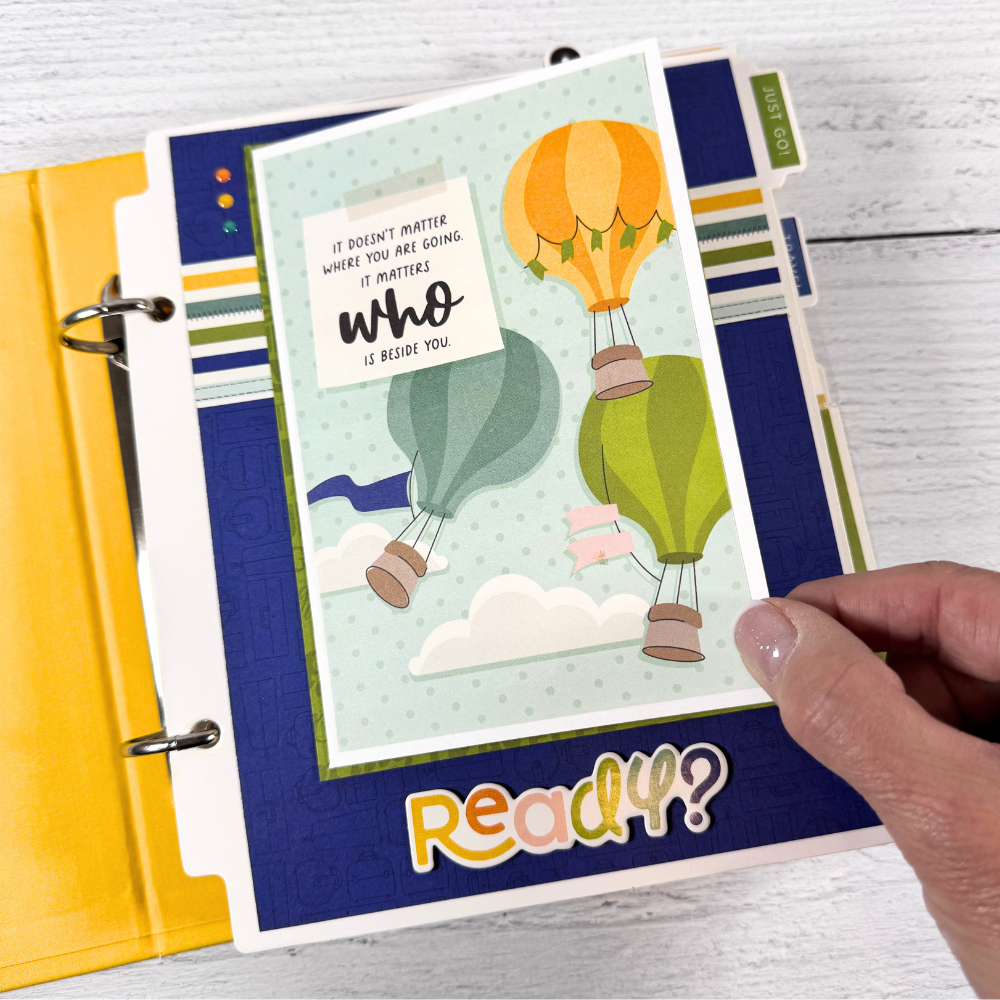 Travel Vibes Scrapbook Mini Album page with a fold-out, hot air balloons, clouds, and enamel dots