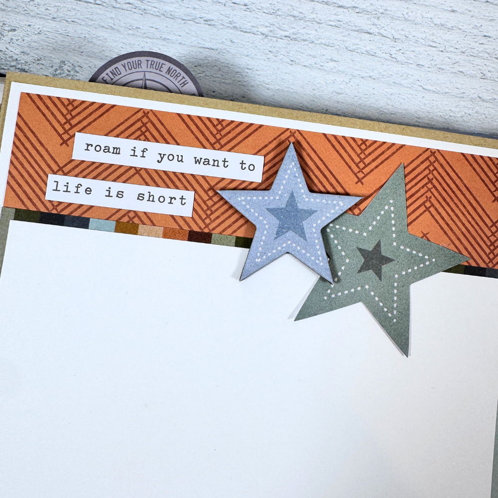 Say Hello To New Adventure Mini Scrapbook Page with stars and a geometric print