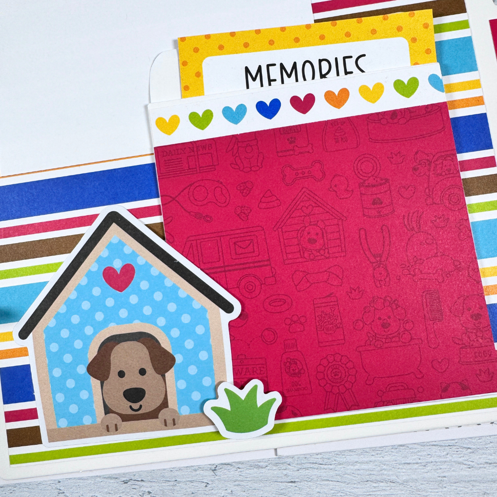 Life is Better With a Dog Scrapbook Album page with a dog in a dog house, a library pocket, hearts, and a journaling card