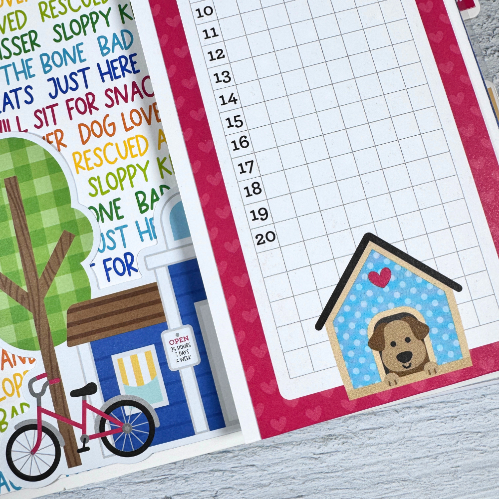 Life is Better With a Dog Scrapbook Album page with a fold-out page, journaling card, and a dog house