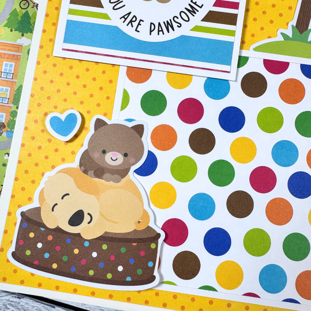 Life is Better With a Dog Scrapbook Album page with a cat and a dog napping and lots of colorful polka dots