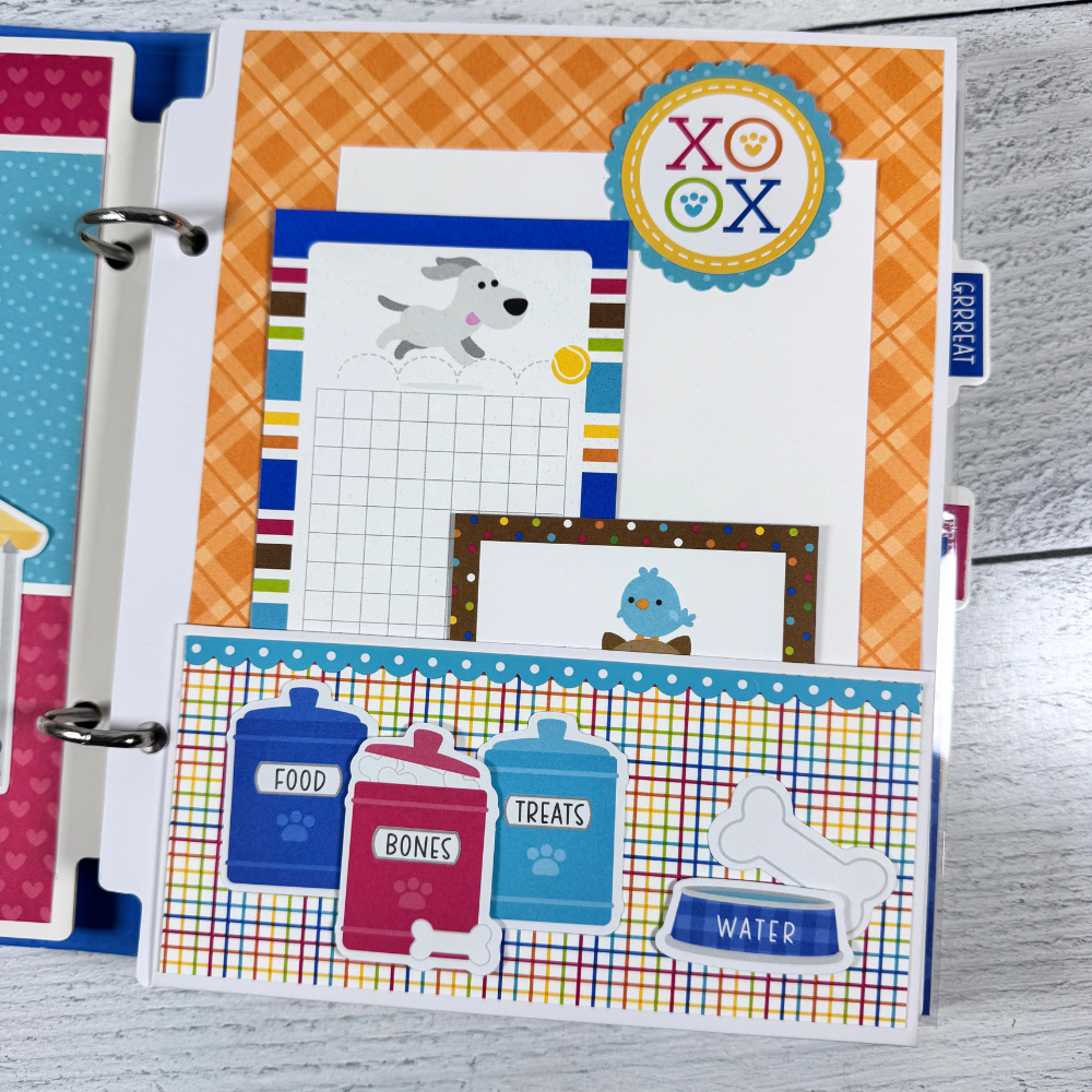 Life is Better With a Dog Scrapbook Album page with a pocket, journaling cards, and jars of dog treats