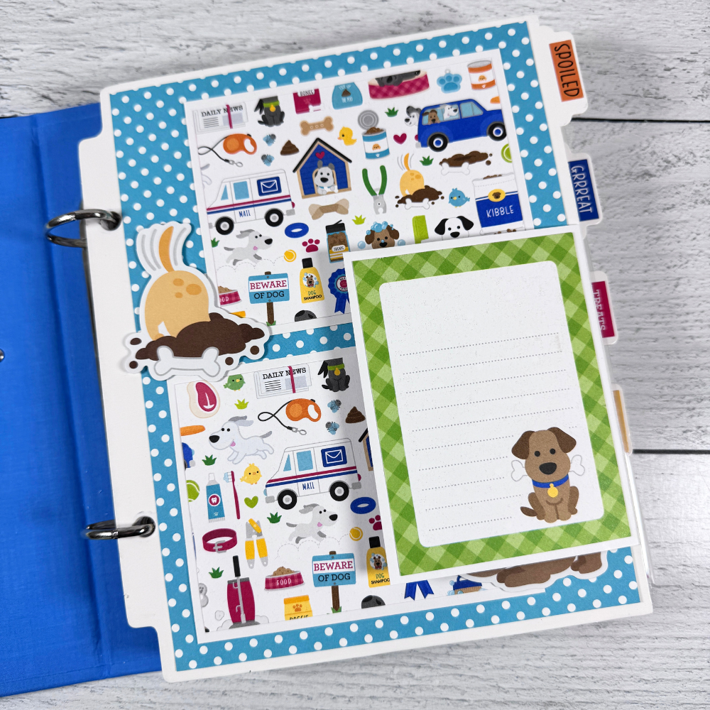 Life is Better With a Dog Scrapbook Album page with a folding card, a journaling spot, and lots of cute pet supplies