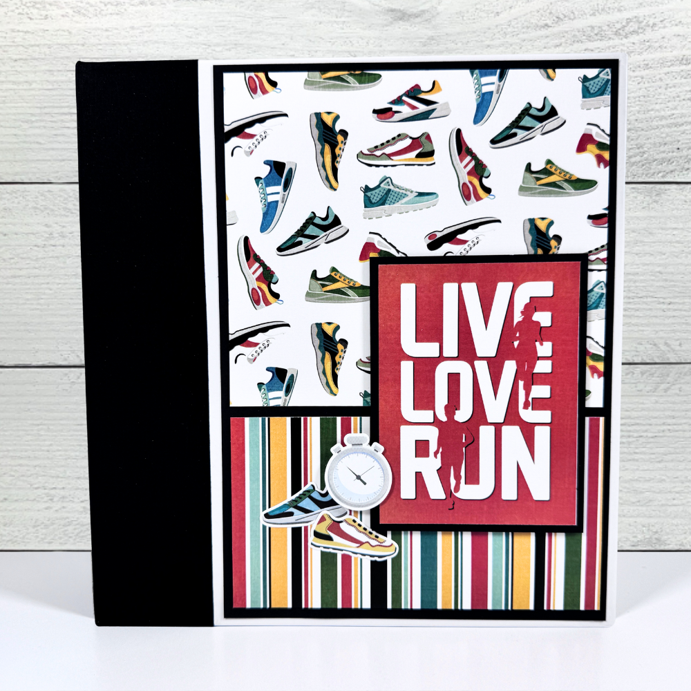 Live, Love, Run Scrapbook Mini Album for photos and race bibs from running clubs, fun runs with friends, 5K and 10K races, obstacle courses, marathons, and triathlons.