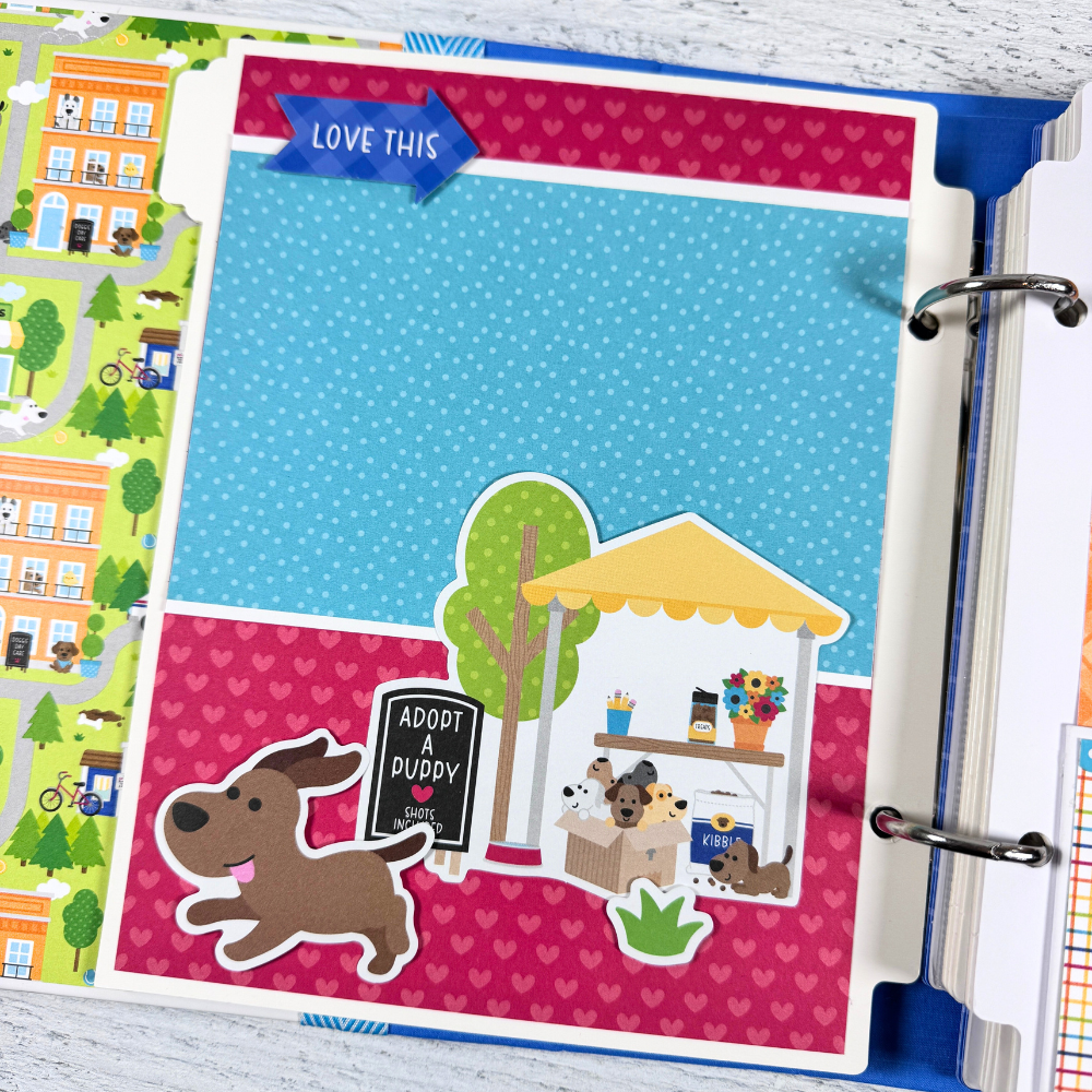Life is Better With a Dog Scrapbook Album page with a cute dog, hearts, and a little adoption tent