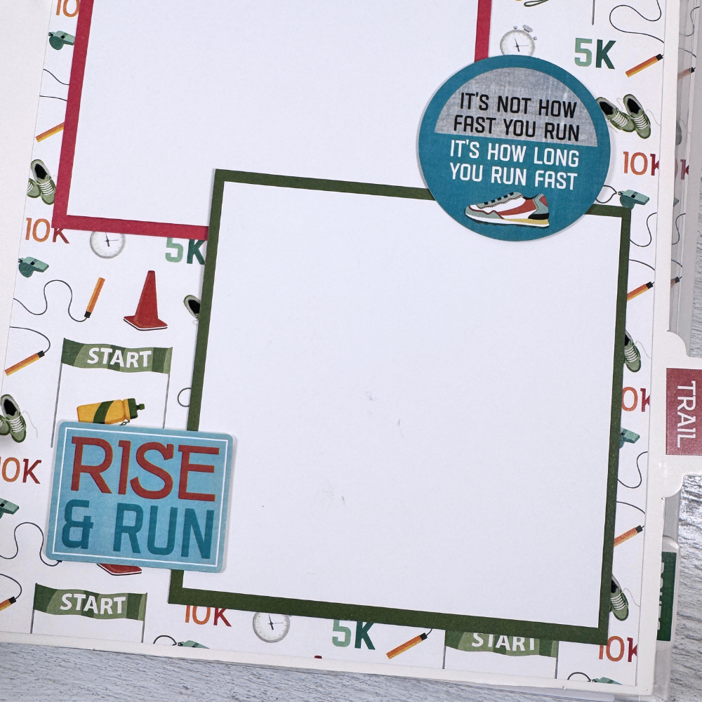 Live, Love, Run Scrapbook Album page with sneakers, jump ropes, water bottles, stopwatches, and start signs